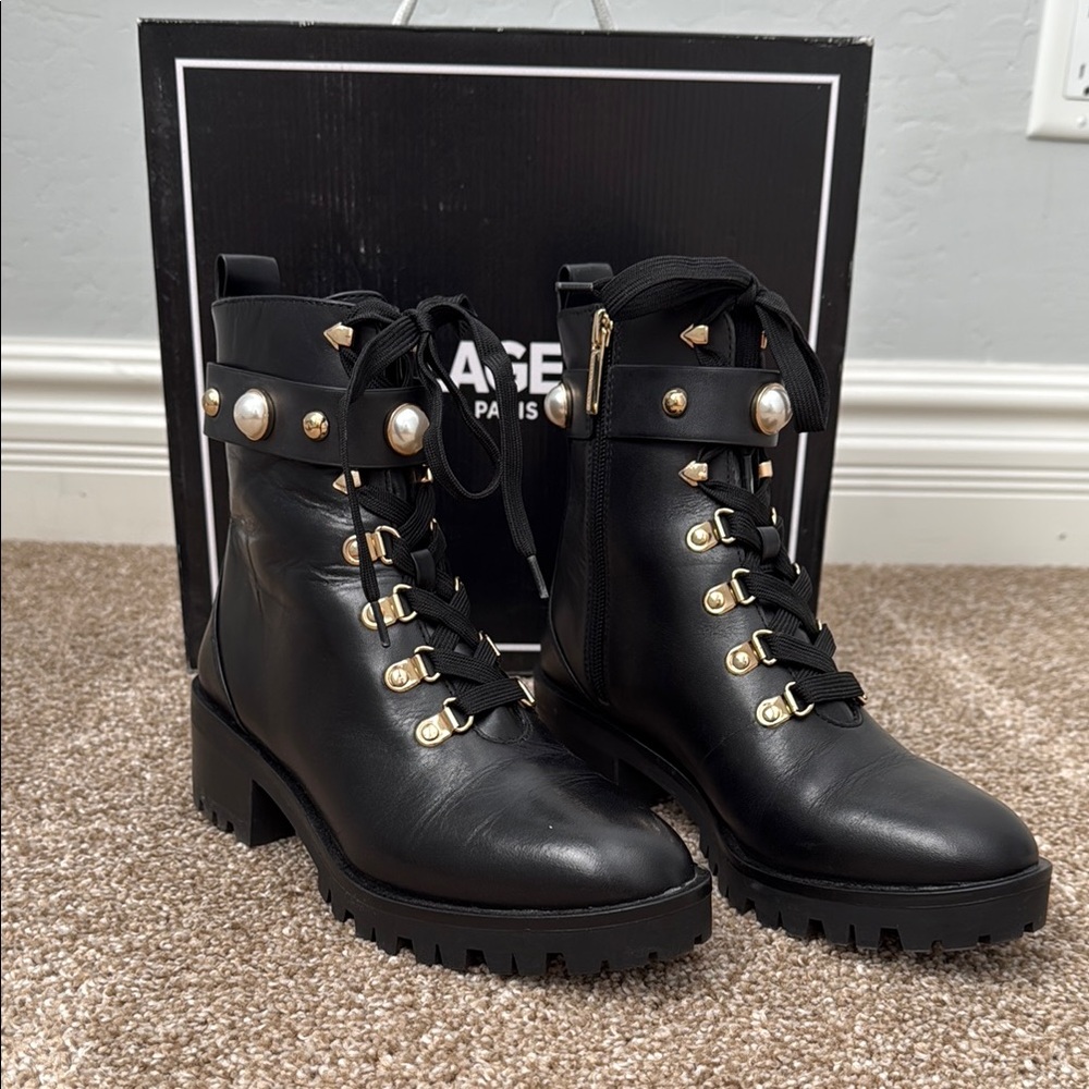 Karl Lagerfeld Black and Gold Combat Boots with Lace-Up Design
